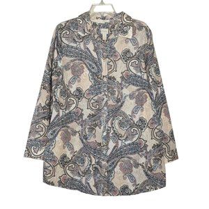 Chico's Blush Scrolls Andie Pa long sleeve button front no-iron Shirt sz 2 sz 12